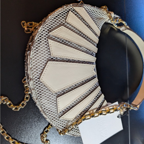 Florida Python Leather and Mesh Shoulder Bag with 18k Gold Chain Detail - Picture 2 of 6